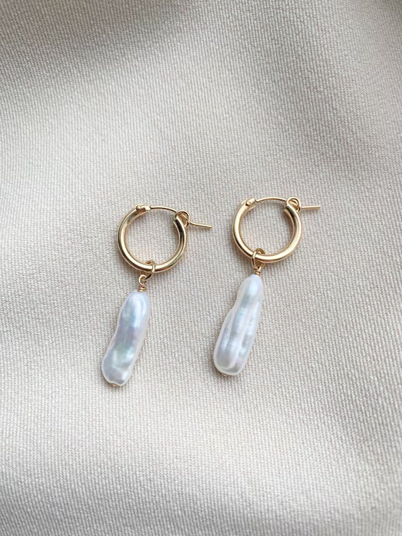 Celeste Baroque Drop – Gold Hoop Earrings with Elongated Freshwater Pearl