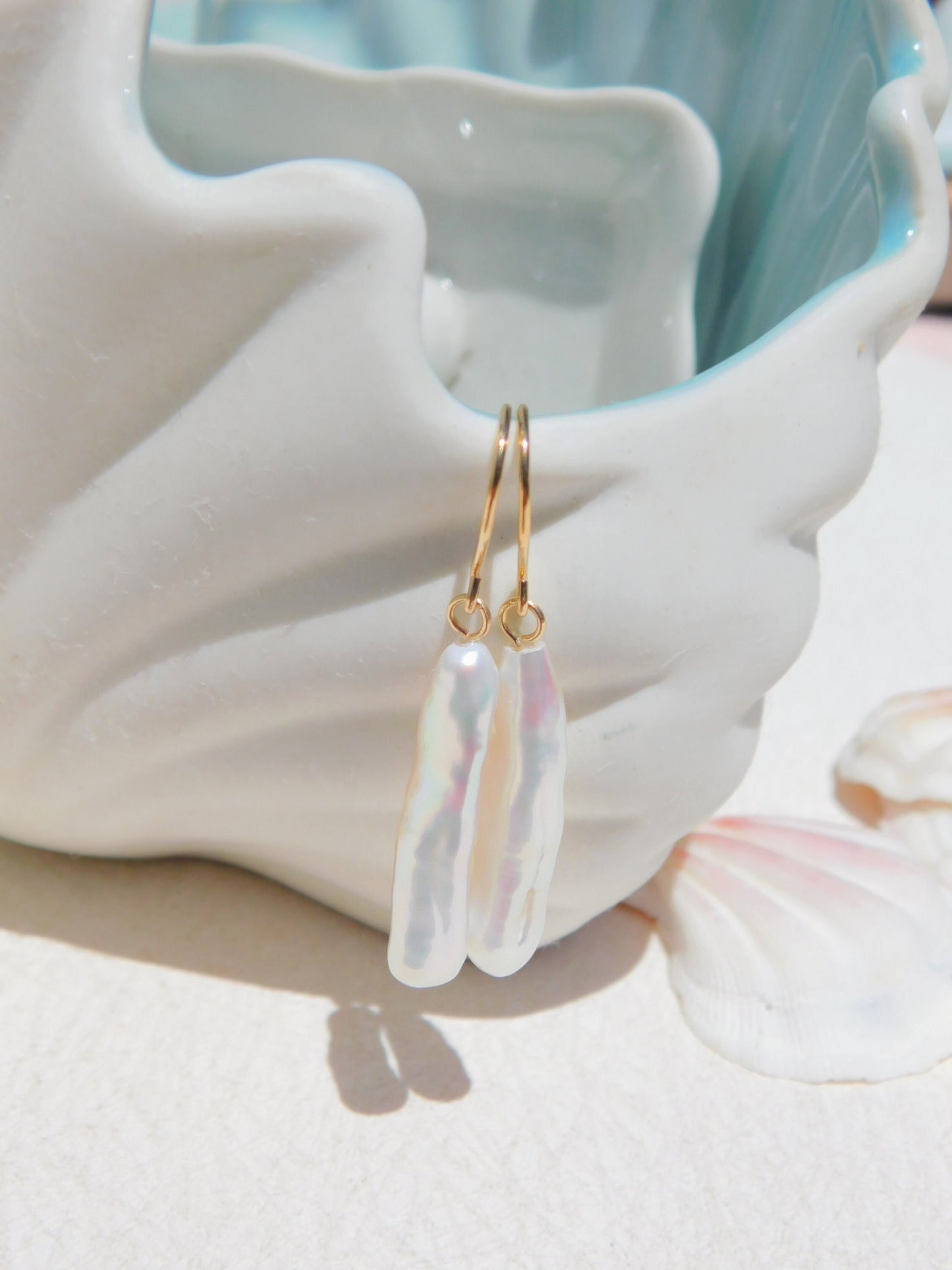 Celeste Baroque Drop – Gold Hoop Earrings with Elongated Freshwater Pearl
