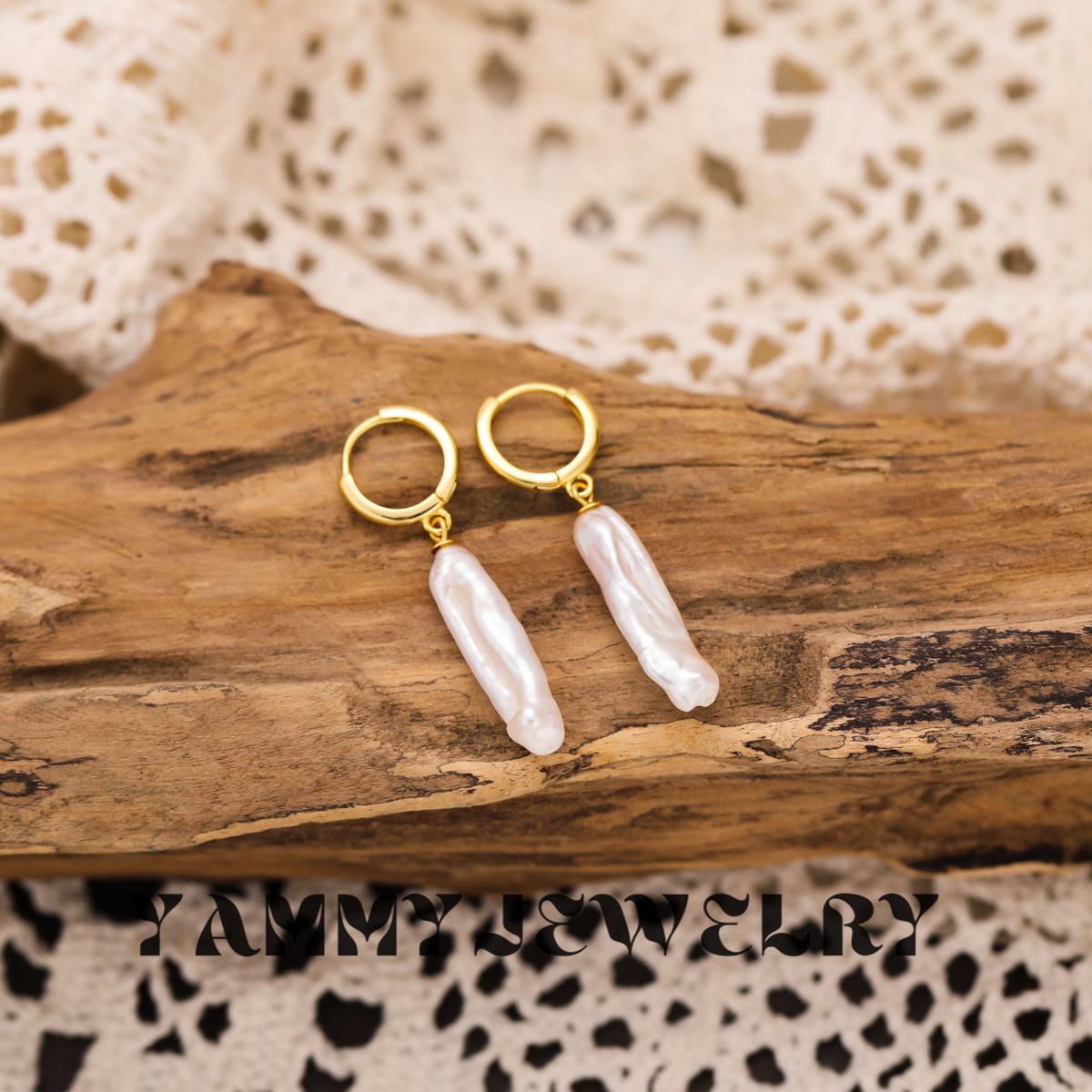 Celeste Baroque Drop – Gold Hoop Earrings with Elongated Freshwater Pearl