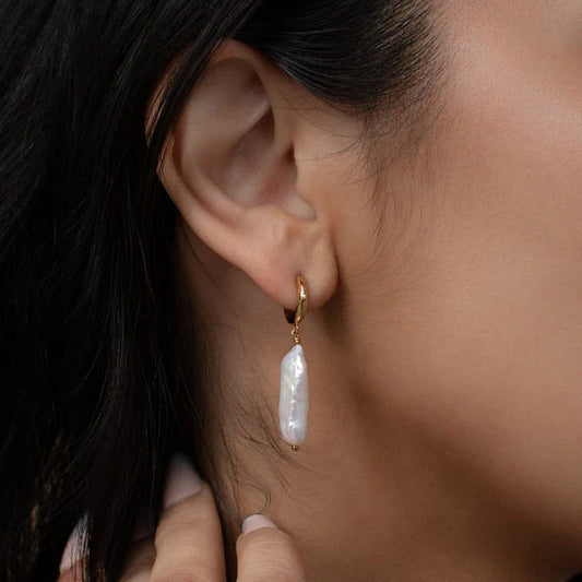 Celeste Baroque Drop – Gold Hoop Earrings with Elongated Freshwater Pearl